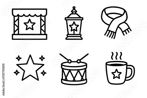 Winter Festival Icons. Winter Heritage Festival outline icon set: stage, decorative lantern, scarf, star motif, drum, cup of tea.