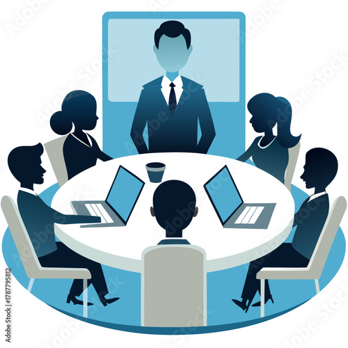 Diverse team collaborating around a conference table with remote participant