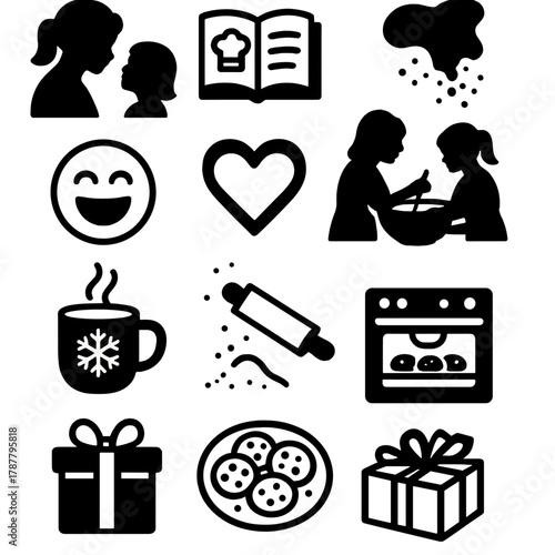 Family Baking Icons. Family Baking Moments outline icon set: mother and child silhouette, recipe book, flour dust, laughter icon, cookie cutter heart, shared bowl, festive mug,