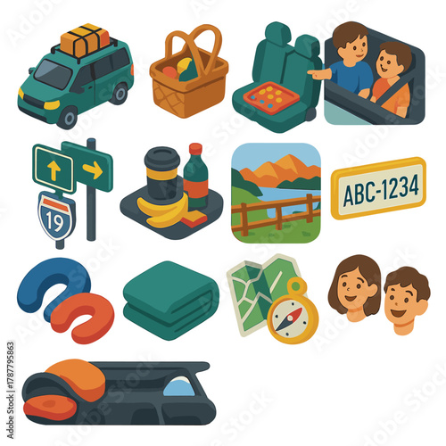Family Road Trip Icons. Family Road Trip modern flat icon set: packed minivan, picnic basket, backseat games, kids pointing out window, highway signs, snacks on dashboard, scenic