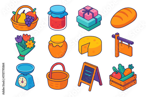 Isometric Market Icons. Market Stalls modern flat icon set: fruit basket, jam jar, handmade soap, bread loaf, flower bouquet, honey pot, cheese wheel, signboard, scales, basket,