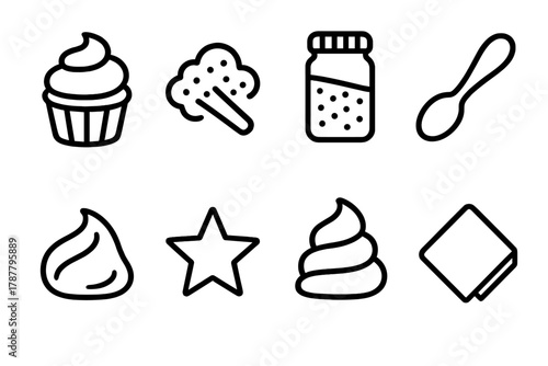 Dessert Topping Icons. Dessert Topping outline icon set: cupcake, cinnamon dust, sprinkle jar, spoon, whipped cream, star, frosting swirl, napkin.