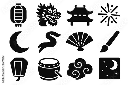 Asian Festival Icons. Asian Lantern Festival bold vector icon set: paper lantern, dragon dancer, temple roof, fireworks, moon, silk ribbon, fan, calligraphy brush, floating lantern