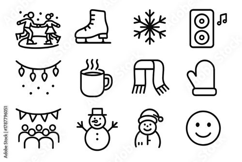Winter Icon Set. Winter Gathering outline icon set: ice rink, skates, snowflake, music speaker, string lights, cocoa mug, scarf, mitten, crowd, banner, snowman, smiling face.