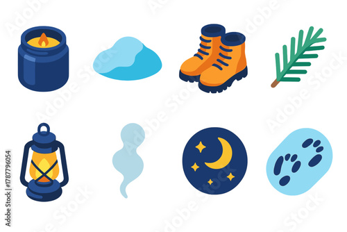 Winter Icon Collection. Winter Trail modern flat icon set: candle jar, snow mound, boots, pine branch, lantern, smoke wisp, night sky, footprints.
