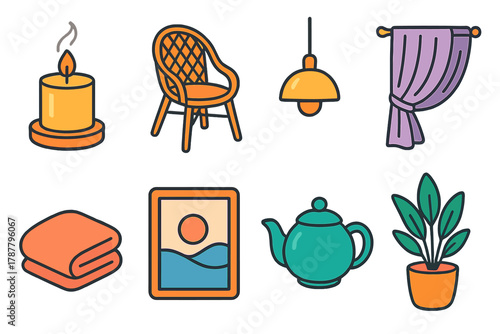 Minimalist Relaxation Icons. Relaxed Atmosphere modern flat icon set: ambient candle, wicker chair, hanging light, draped curtain, folded blanket, wall art, tea pot, indoor plant.
