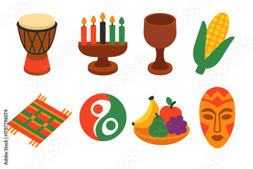 Kwanzaa Icon Collection. Heritage Celebration Set modern flat icon set: African drum, kinara with red green black candles, ear of corn, traditional goblet, woven mat, unity emblem,