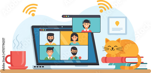 Remote team meeting illustration with diverse participants on laptop, internet connectivity, cozy coffee break, and sleeping cat on books, work from home lifestyle. Vector