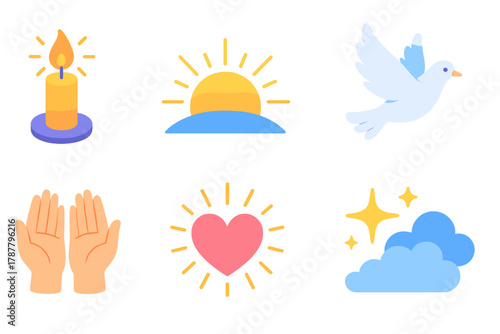 Icons of Hope. Symbol of Hope modern flat icon set: glowing candle, rising sun, open hands, dove in flight, radiant heart, shining star, spark of light, peaceful sky.