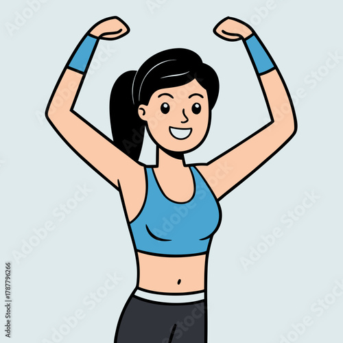 Fit woman flexing biceps in blue sports bra and black pants