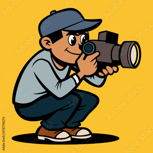 Cartoon boy crouching with a camera taking a picture