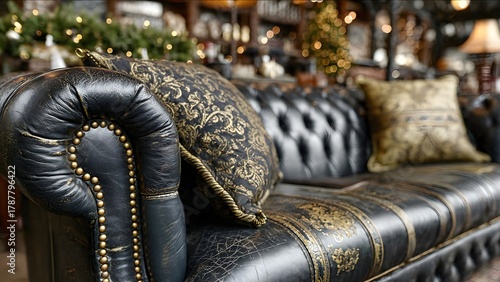 Detailed view of an elegant black leather sofa with decorative pillows in a cozy interior setting during the holiday season.