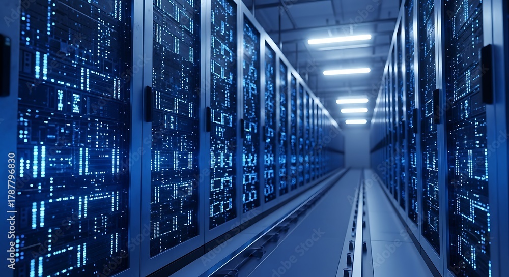 Fototapeta premium Data center with rows of server racks and blue lights.