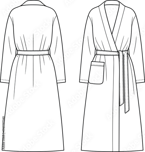 Long sleeve bathrobe technical fashion flat sketch, front and back view, vector template, bath gown design, garment CAD drawing illustration