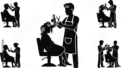 Professional hairstylist cutting woman hair in modern beauty salon, barbershop service vector illustration, hairdressing stylist working with client silhouette design concept