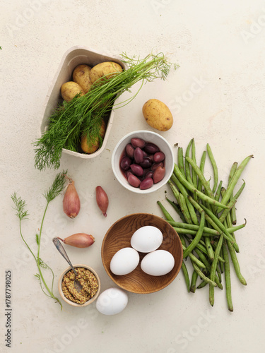 Fresh local produce from the market. Top view various ingredients for cooking healthy vegetarian meal