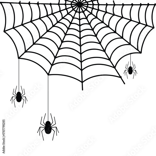 Black and white spiderweb illustration with hanging spiders and copy space