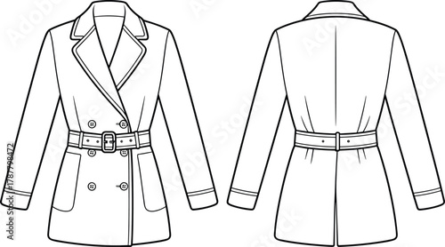 Trench coat fashion flat sketch, technical drawing front and back view, belted outerwear design, stylish long coat, CAD drawing flat vector illustration