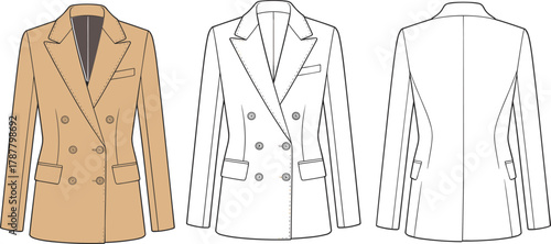 Women blazer jacket design, double breasted coat template, formal fashion illustration, tailored outerwear vector mockup, CAD drawing flat vector illustration