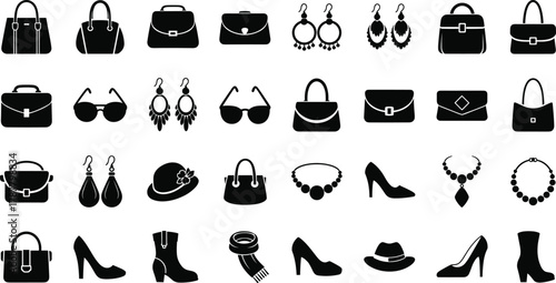 Women fashion accessories silhouette vector set, handbag shoes jewelry hat sunglasses scarf illustration, elegant feminine style icons collection isolated design elements