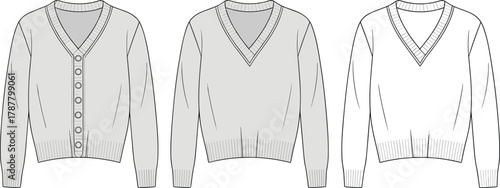 V neck sweater cardigan, knitwear fashion design, flat vector apparel template, women clothing mockup, winter pullover, CAD drawing illustrationvv