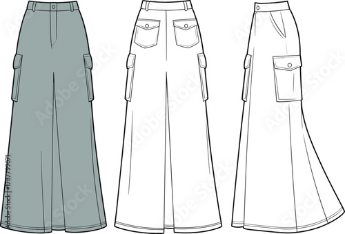 Cargo skirt front, back, side sketch, fashion illustration, garment template, apparel mockup, clothing vector, technical drawing, wide leg, casual wear