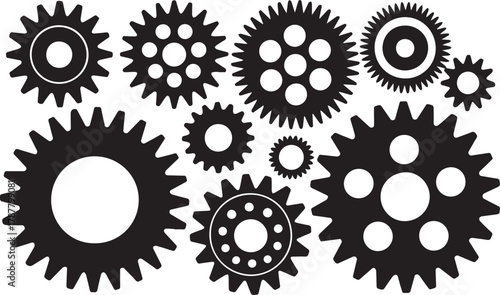 Collection of black gears with various teeth and inner circles on white cogwheel mechanism