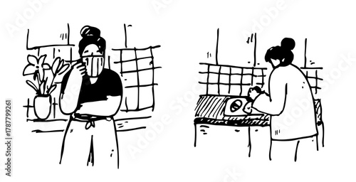 Young Woman Cooking and Drinking Tea or Coffee in Kitchen Doodle Scenes Collection. Cute Girl having Breakfast or Meal Prep. Outline Hand-Drawn Vector Illustration