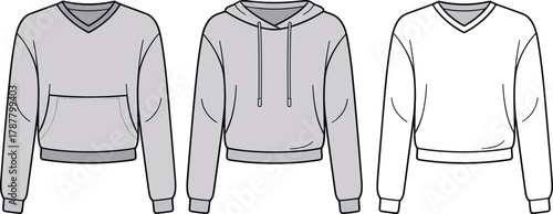 Women sweatshirt and hoodie design, casual fashion clothing template, V-neck and hooded pullover illustration, winter apparel mockup, CAD drawing flat vector illustration