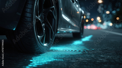 Modern car wheel on illuminated city street at night