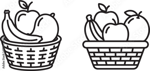 Line drawing of baskets filled with various fruits healthy food choices