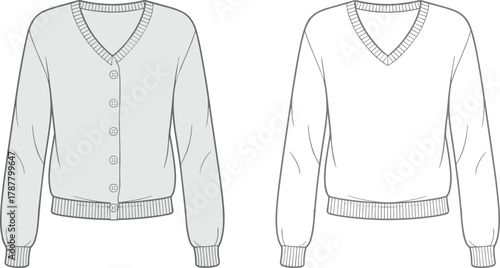 Women’s cardigan and sweater technical flat, v-neck knitwear design, front view vector template, fashion apparel illustration for clothing design