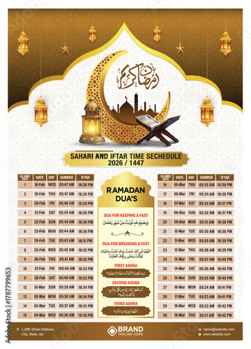 Ramadan desktop editable wall calendar design 2025 with sehri iftar timetable schedule. Ramadan arabic islamic calendar with sehar Iftar fasting dua. Ideal for prayer and fasting times during the Holy