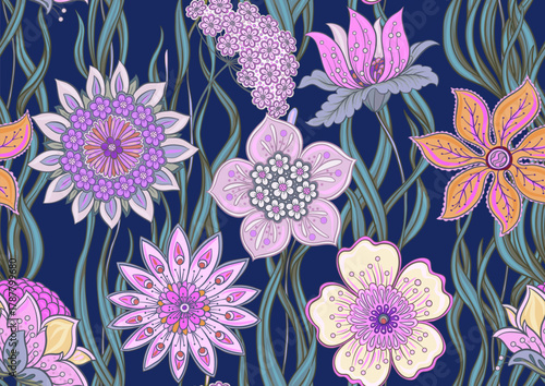 Ornate floral seamless pattern. Elegant hand-drawn botanical motif with intricate repeating layout for textile and wallpaper. Classic flowers and foliage create a refined vintage background.