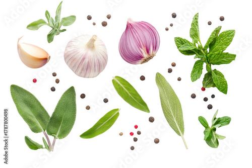 A arrangement of fresh herbs and garlic cloves on a clean white background. culinary ingredients ideal for cooking. garnishing. or food styling