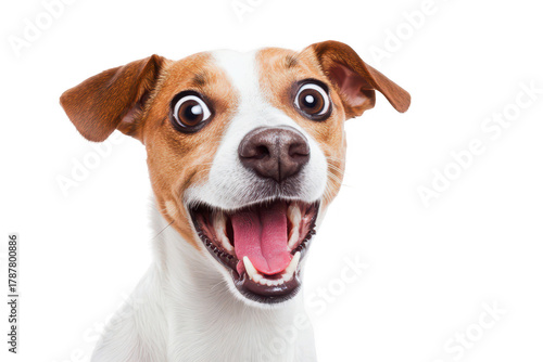 A joyful small dog with a big smile and expressive eyes. its playful personality against a clean white background. perfect for pet-related content or advertisements