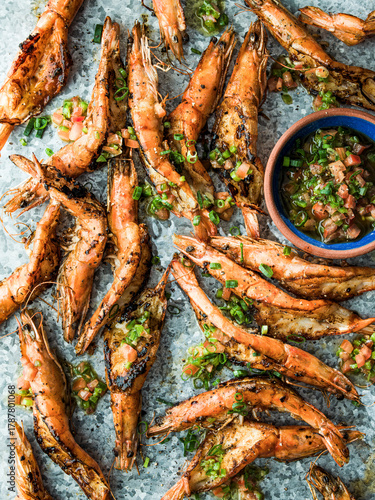 Fire roasted prawns chilli tomato salsa
