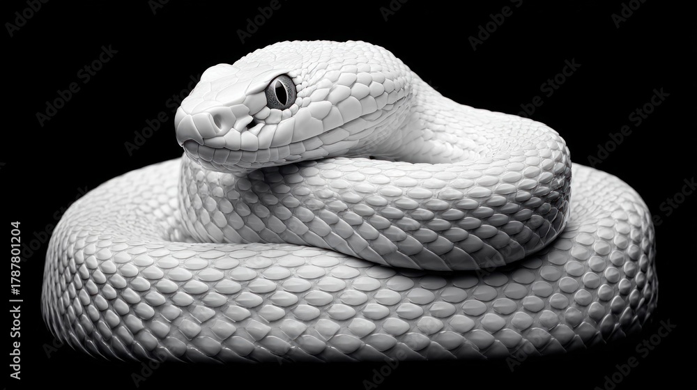 Fototapeta premium Albino snake coiled on a black background, studio shot in black and white