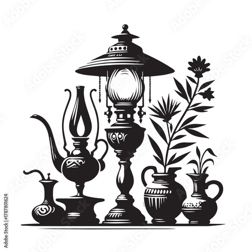 Black Oil lamp stand Silhouette Vector, High Quality Illustration on White Background