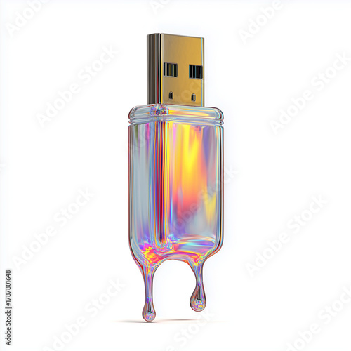 Colorful iridescent USB flash drive melting with liquid drips. Data storage concept for modern technology, digital transfer, or secure cloud.