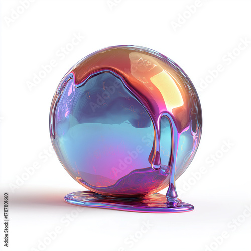 Iridescent liquid dripping from a sphere. Holographic fluid melting onto a surface. Abstract glossy gradient substance. Futuristic glossy background.