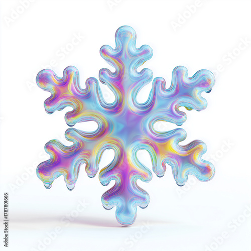 Iridescent snowflake with liquid marble effect. Abstract Christmas and seasonal holiday background. Winter decoration and festive concept.