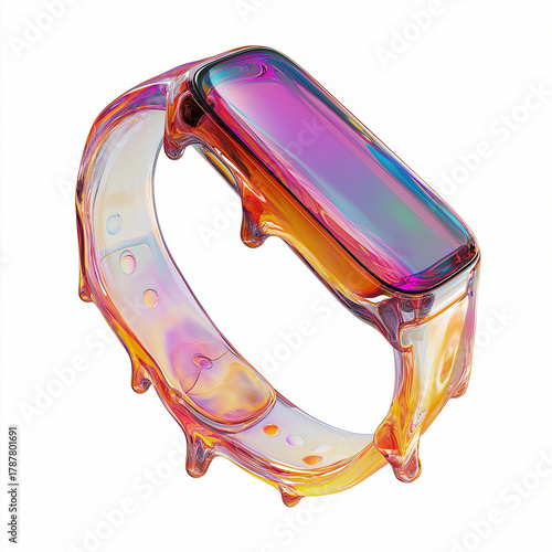 Abstract fitness tracker smartwatch made of liquid glass. Creative smart wristband design expressing fluid technology concept.