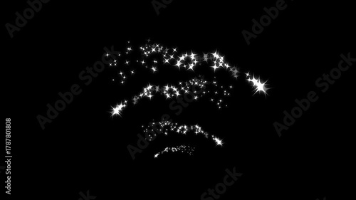 White glitter sparkles trail with glowing pixie dust burst, Christmas stars sparkle line, simple doodle magic path, shimmering particles twinkle effect on transparent black background. 4k video