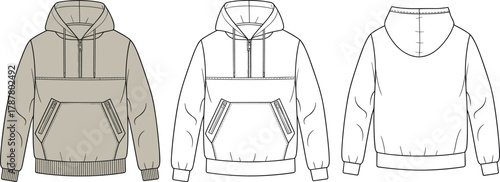 Pullover hoodie front and back sketch, half zip jacket illustration, fashion template, garment design, apparel mockup, clothing vector, casual wear