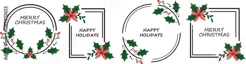 Christmas floral frame with a circle, round, or rectangle. Doodle-style wreath. Vector illustration for Christmas and wedding decor.