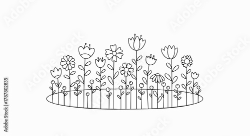 A charming black and white line drawing depicts a whimsical garden bed overflowing with various stylized flowers and berries