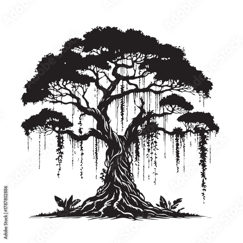 Black Old tree with hanging vines Silhouette Vector, High Quality Illustration on White Background