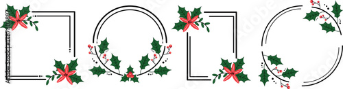 Christmas floral frame with a circle, round, or rectangle set. Doodle-style wreath. Vector illustration for Christmas and wedding decor.