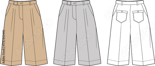 Wide-leg trousers front and back sketch, fashion illustration, pants template, garment design, apparel mockup, clothing vector, casual wear, technical drawing